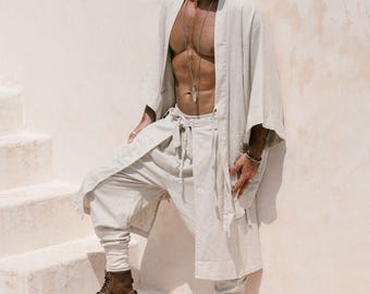 Beige Linen Haori Kimono Robe: Japanese Inspired Menswear