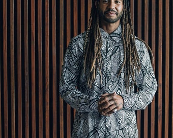 Men's Sacred Geometry Pattern Button-Up Shirt: Black & White Cotton Festival Wear