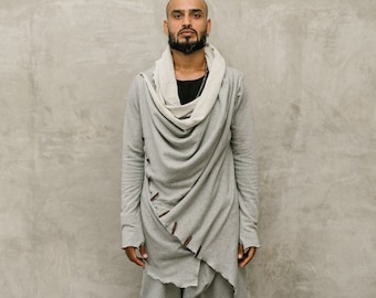 Asymmetrische Jedi-hoodie voor heren • Katoenen festival- en Burning Man-gewaad • Vest met capuchon