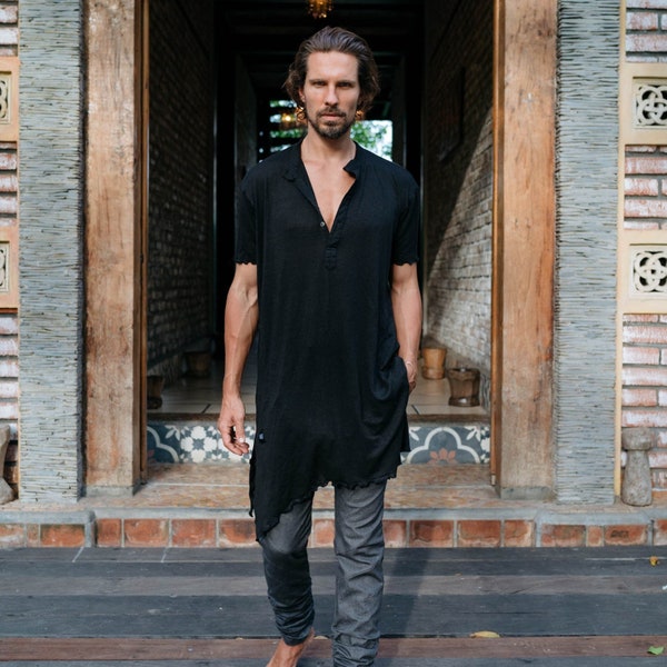 Kurta Men, Tunic Men, Boho Tunic, Boho Shirt, Cotton Kurta For Men, Black Kurta, Bohemian Clothing, Party Wear Kurta, Bamboo Tunic Shirt