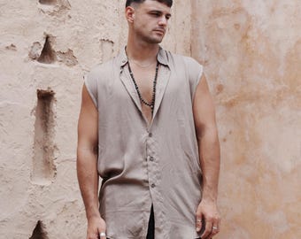 Silky Smooth Khaki Nehru Vest • Festival Layer Boho Cardigan • Burning Man Clothing