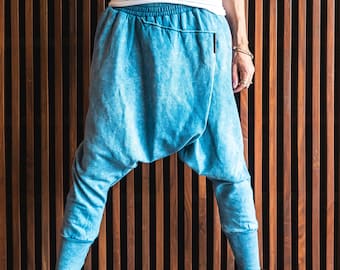 Stonewash Blue Harem Pants, Mens Baggy Sweat pants, Drop Crotch Ninja Pants, Samurai, Mens Clothing, Dune Style, Sarouel Homme, Gift for him