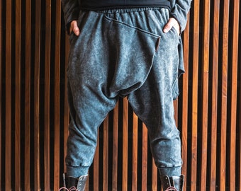 Pantalones harem grises lavados a la piedra NINJA: Algodón Ninja Samurai con tiro bajo