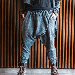 NINJA Stonewashed Grey Harem Pants: Cotton Ninja Samurai Drop Crotch