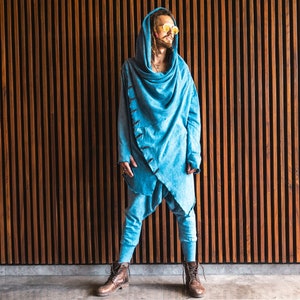 Men’s Long Hooded Cotton Jacket • Asymmetric Wrap Layer with Raw Edge Finish • Asymmetric Hooded Cardigan • Dystopian Streetwear