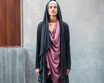 Jedi Robe, Mens Hooded Cardigan, Shaman Mens Clothing, Burning Man Clothing Men, Futuristic Clothing, Hooded Kimono, Jedi Cape, Dystopian