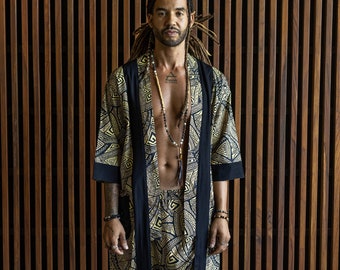Kimono tribale dorato in stile boho: cardigan in cotone oro e nero - perfetto per i festival.