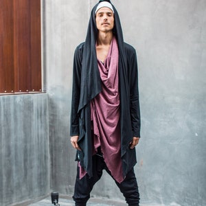 Futuristic Jedi Robe: Men&#39;s Hooded Cardigan for Burning Man, Shaman Clothing, Dystopian Hoodie