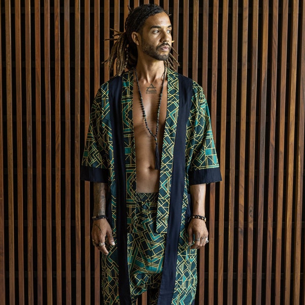 Festival Outfit Men, Kimono psichedelico, Pantaloni Harem a geometria sacra /VALO Spirit/ Burning Man Abbigliamento Uomo, Pantaloni tribali, Abbigliamento Festival