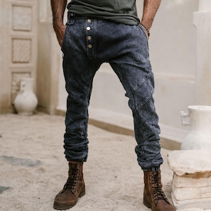 Drop Crotch Denim Jeans: Avantgarde Harajuku Trousers, Baggy Jeans, Harem streetwear pants, Distressed Clothing