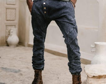 Drop Crotch Denim Jeans: Avantgarde Harajuku Trousers, Baggy Jeans, Harem streetwear pants, Distressed Clothing