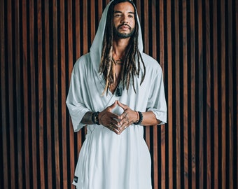 Versatile Jedi-Inspired Hooded Kimono Robe for Burning Man, Kundalini Yoga, Cosplay, Festivals & Spiritual Gatherings