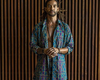 Men's Geometric Print Button-Up Shirt: Tribal Festival Cotton Shirt