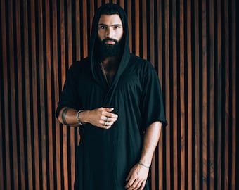 Black Bamboo Hooded Kimono: Sleeveless Jedi Robe, Burning Man Outfit