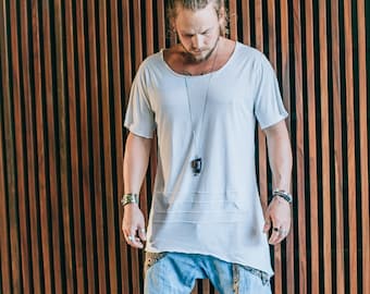 Asymmetric Tshirt, Deep V Neck Top, Comfy Festival Wear, Burning Man Clothing Men, Loose Bamboo T-shirt, Asymmetric Mens Top, Festival Top