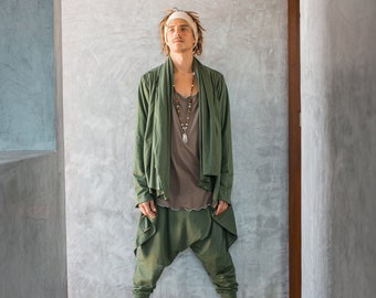 Green Hooded Jedi Robe • Burning Man Festival Outfit • Finnish Design Asymmetric Cardigan