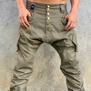 Cargo Haremshose Herren, Hose mit tiefem Schritt, Frühling Herrenbekleidung, Burning Man Kleidung Herren, Cargohose, Hose mit tiefem Schritt, Baggyhose,VALO Olive Green