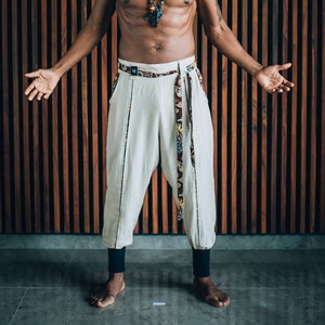 Linen Drop Crotch Harem Pants: Boho Tribal Style, Batik Details