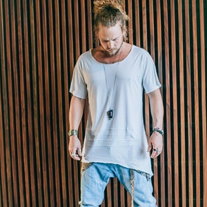 Asymmetric Tshirt, Deep V Neck Top for Men, Comfy Festival Wear, Loose Bamboo T-shirt, Burning Man Clothing, Unique Festival Top