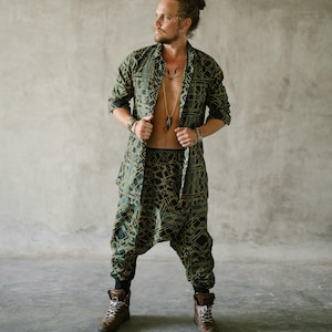 Tribal Clothing for Men - Harem Pants, Samurai Style, Sacred Geometry, Festival Trousers & Yoga Drop Crotch Pants