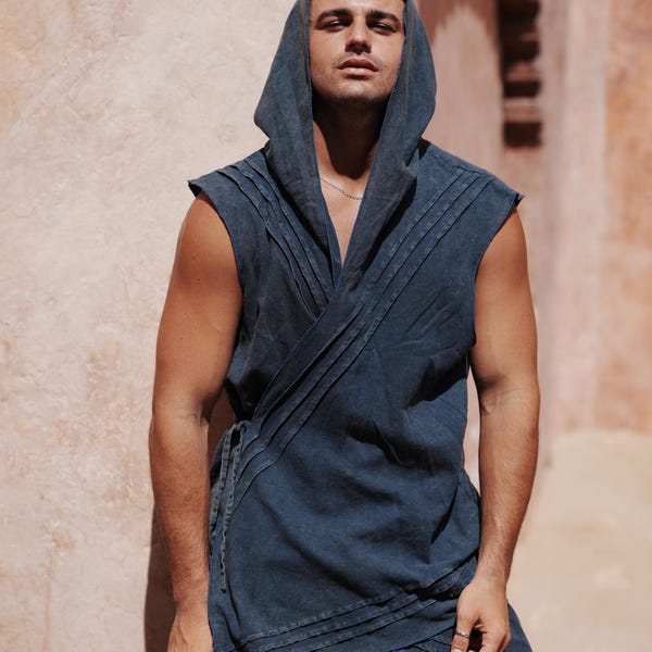 Dune Linen Vest: Blue Stonewashed Hooded • Desert Nomad Festival Wear