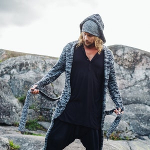 Mens Long Cardigan, Kimono Cardigan, Jedi Hooded Cardigan, Belted Cardigan, Burning Man Clothing, Fall Cardigan, Knitted Cardigan, Autumn