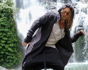 Black Bamboo Cotton Fleece Duster Cape and Pants Set: Hooded Boho Festival Clothing