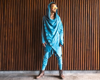 Men’s Long Hooded Cotton Jacket • Asymmetric Wrap Layer with Raw Edge Finish • Asymmetric Hooded Cardigan • Dystopian Streetwear