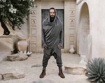 Asymmetrisk bomullskofta med huva för män • Dystopisk streetwear-mantel, rebellisk skärning