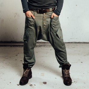 Pantalones cargo con entrepierna caída para hombre, elegantes, para primavera y ciudad, pantalones casuales de moda, ropa de calle cómoda, diseño único
