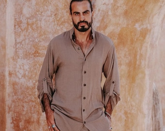 Oversized Bohemian Mens Cotton Crepe Button Up Shirt