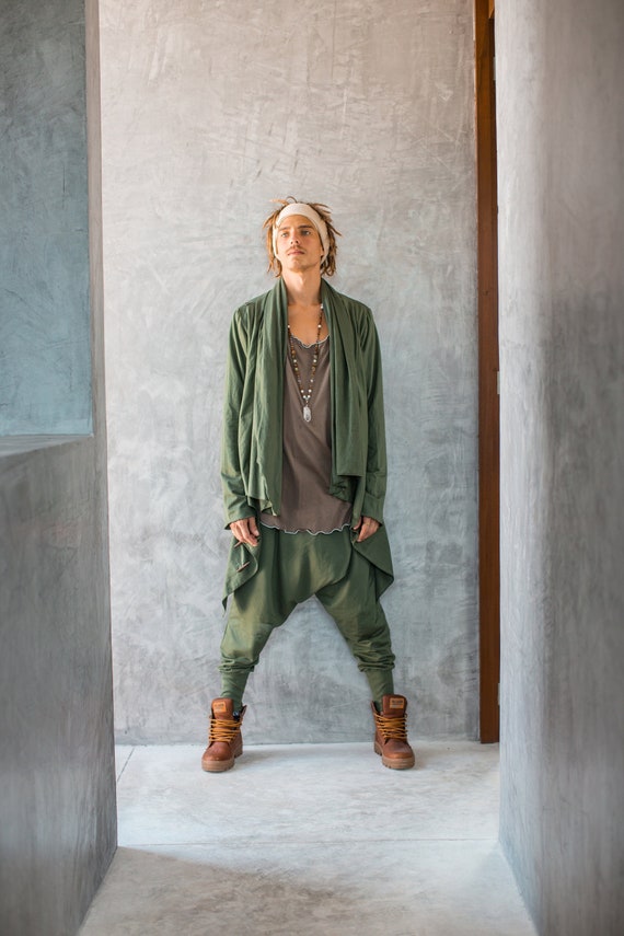 Green Hooded Jedi Robe • Burning Man Festival Outfit • Finnish Design Asymmetric Cardigan