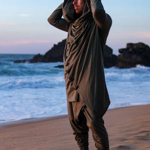 Green Hooded Jedi Robe • Burning Man Festival Outfit • Finnish Design Asymmetric Cardigan image 9
