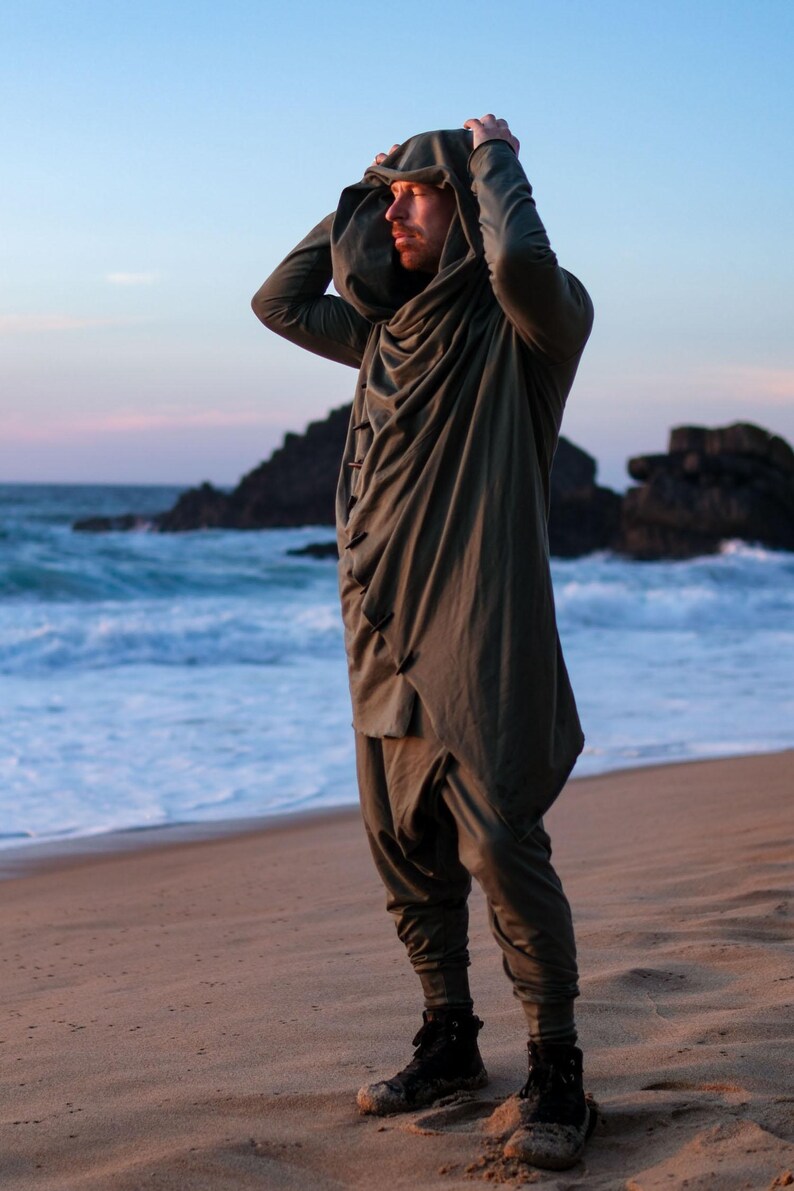 Green Hooded Jedi Robe • Burning Man Festival Outfit • Finnish Design Asymmetric Cardigan image 9