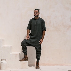 KAFTAN Linen - Oversized Kurta Boho Shirt / Handmade kurta / Spiritual Clothing Men / Artisan Men Fashion / Bohemian Style Men / Ibiza Style