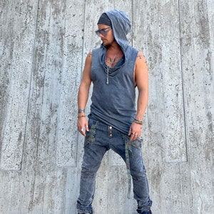 NOMAD Organic Cotton Sleeveless Hoodie: Boho Festival Top Stonewashed Grey