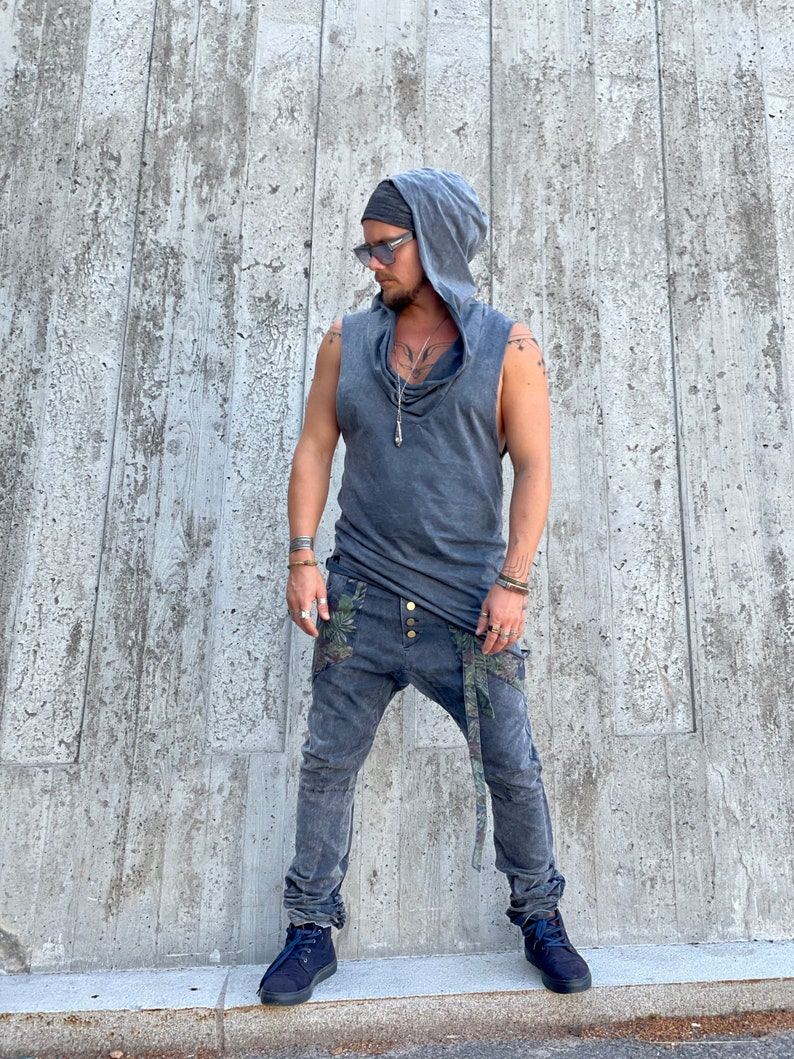 NOMAD Organic Cotton Sleeveless Hoodie: Boho Festival Top Stonewashed Grey