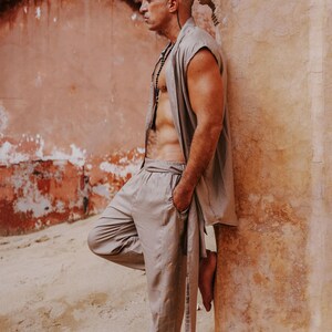 Khaki Tencel Nehru Vest • Festival Layer Boho Cardigan • Burning Man Clothing imagen 6