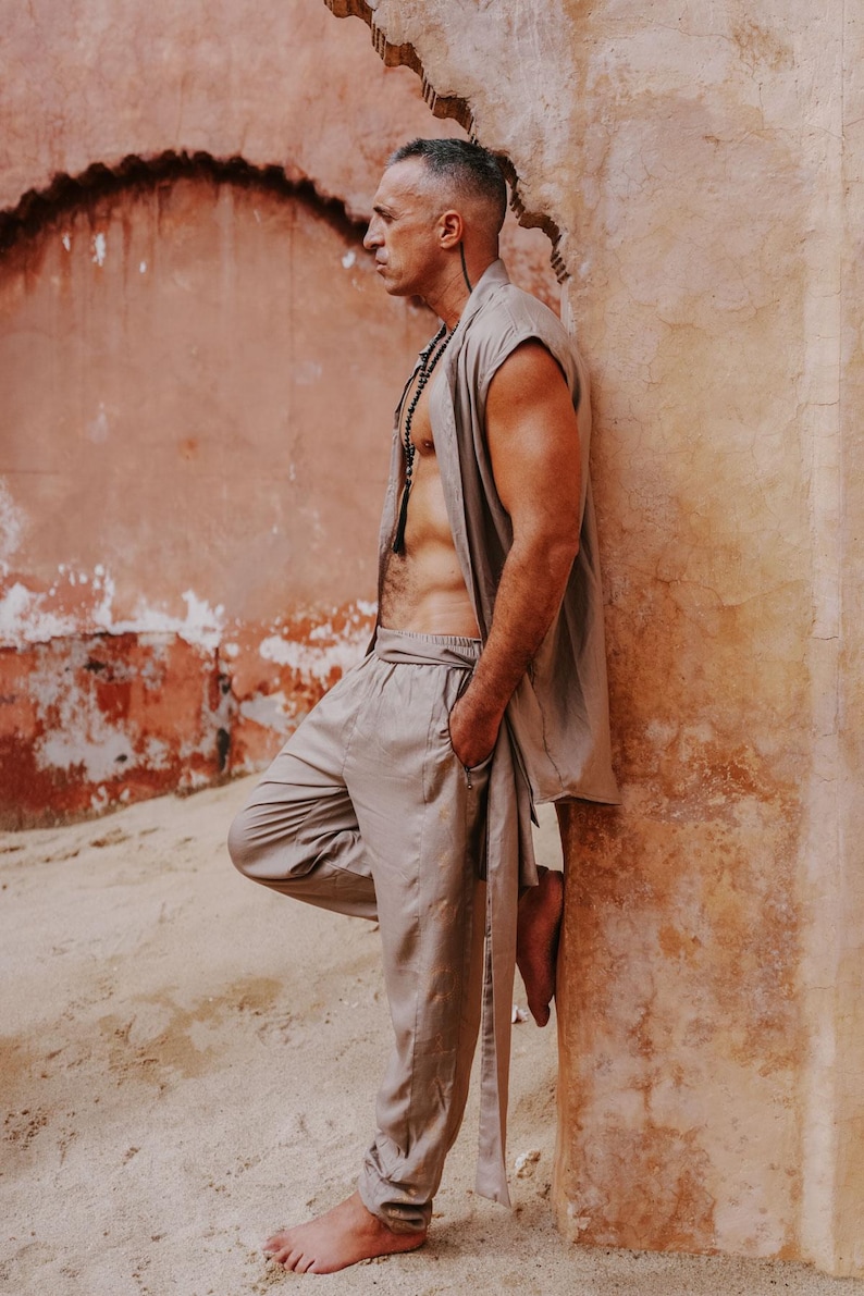 Khaki Tencel Nehru Vest • Festival Layer Boho Cardigan • Burning Man Clothing imagen 6