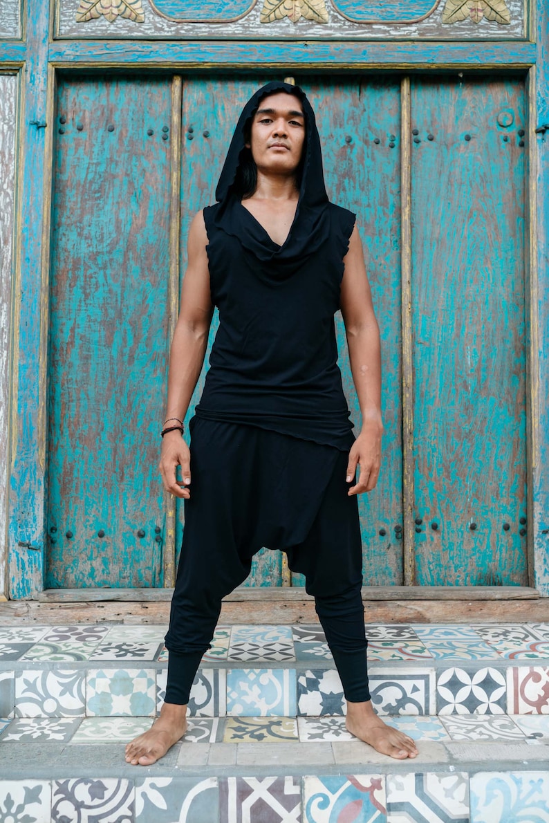 NOMAD BAMBOO Sleeveless Desert Hoodie, Bamboo Jedi Top, Bohemian Festival Clothing & Eco-Friendly Apparel Black bamboo