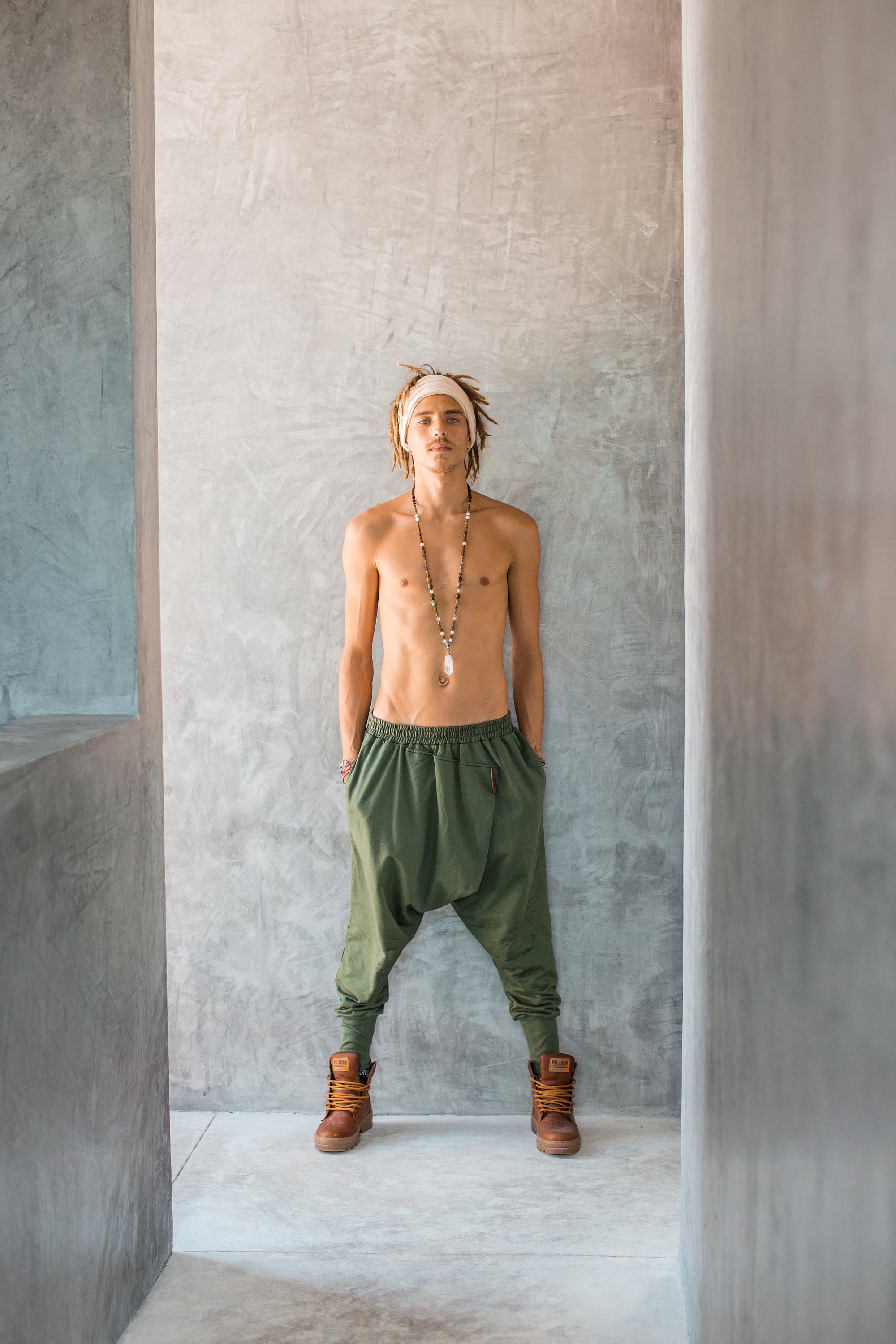 Ninja Green Cotton Harem Pants Men Samurai Drop Crotch