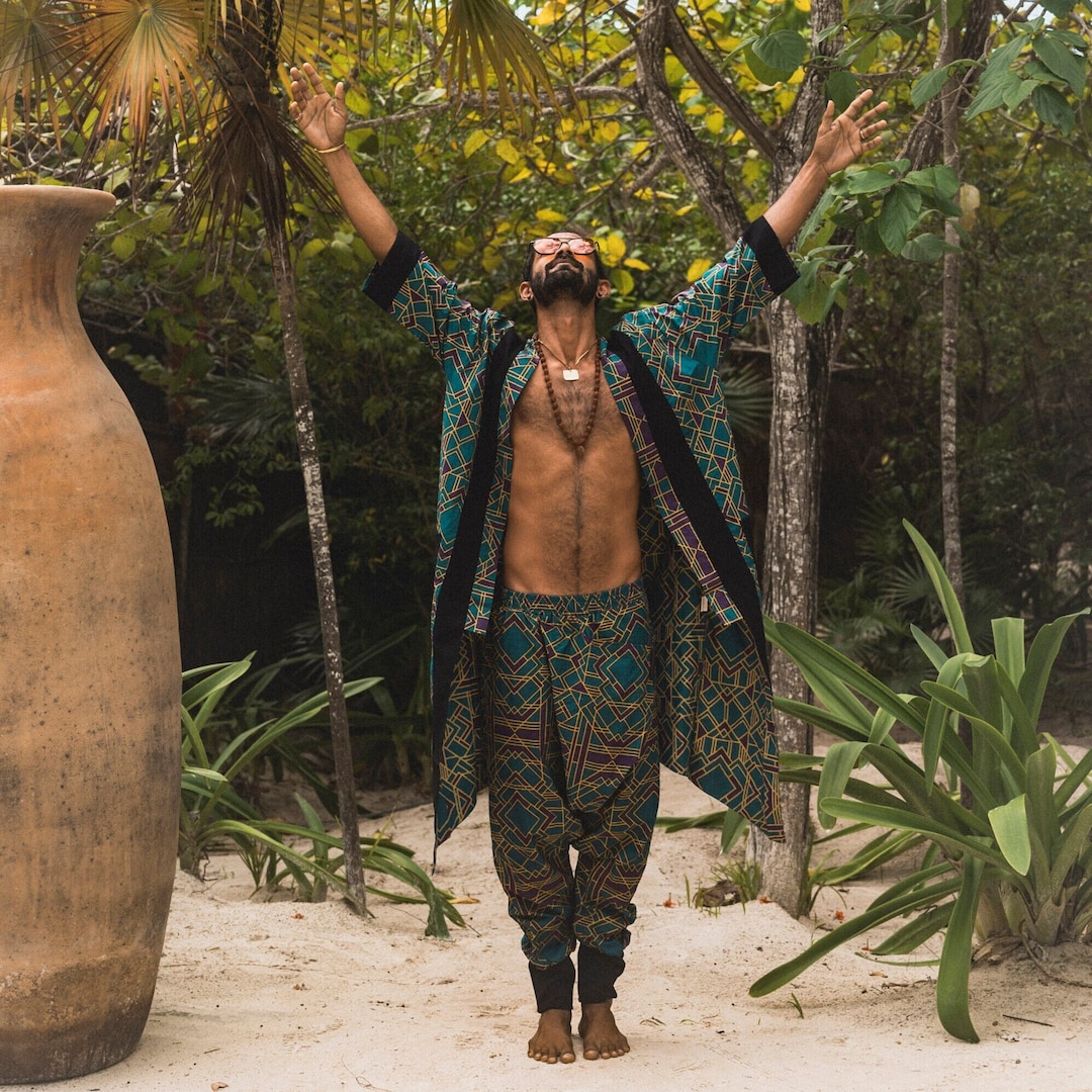 Bohemian Blue Geometric Print Long sleeve kimono robe Mid Summer Cotton