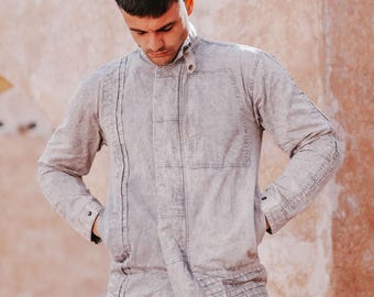 Stonewashed Khaki Light Grey Cotton Tactical Jacket • Burning Man Festival • Relaxed Fit Streetwear