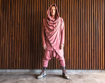 Men’s Hooded Cotton Cardigan • Asymmetric Streetwear Hoodie with Long Wrap Cut  • Dystopian Streetwear