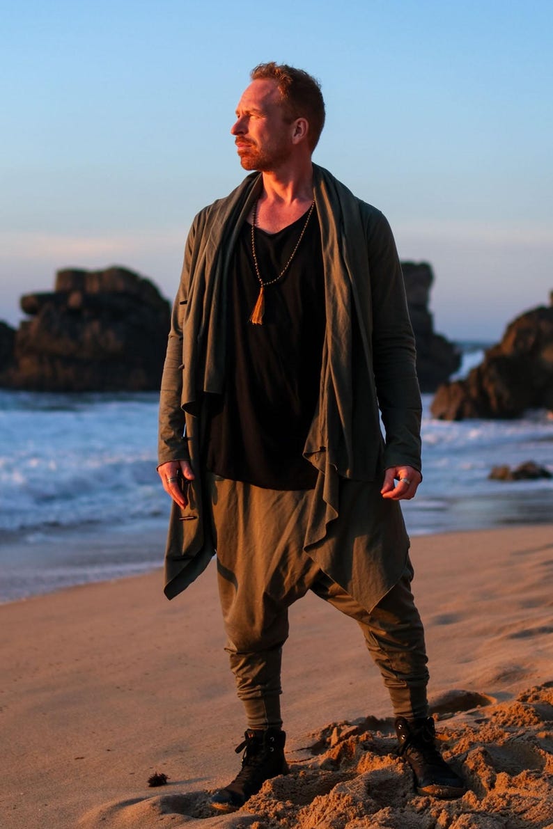 Green Hooded Jedi Robe • Burning Man Festival Outfit • Finnish Design Asymmetric Cardigan image 11