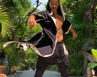 Hooded Kimono, Men&#39;s Jedi Robe, Samurai Cloak, Festival Outfit, Rave Robe, Burning Man Costume, Ceremonial Cloak
