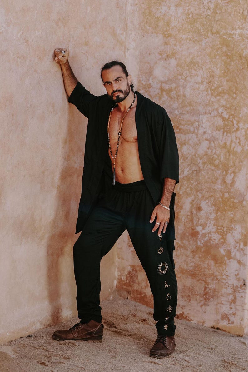 Ropa para Burning Man: Kimono negro de Tencel • Conjunto de salón alternativo de lujo imagen 2