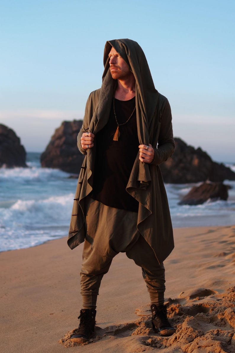 Green Hooded Jedi Robe • Burning Man Festival Outfit • Finnish Design Asymmetric Cardigan image 6