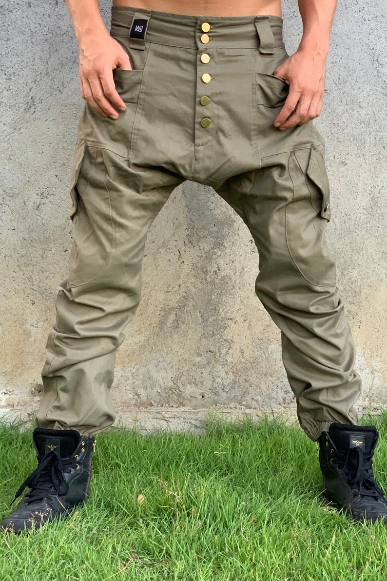 Cargo Haremshose Herren, Hose mit tiefem Schritt, Frühling Herrenbekleidung, Burning Man Kleidung Herren, Cargohose, Hose mit tiefem Schritt, Baggyhose,VALO Olive Green