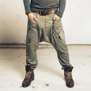 Drop Crotch Cargo Pants Men, Cotton Twill Harem Pants, Baggy Low Crotch Trousers, Festival Techwear Pants, Black, Olive Green, Golden Brown